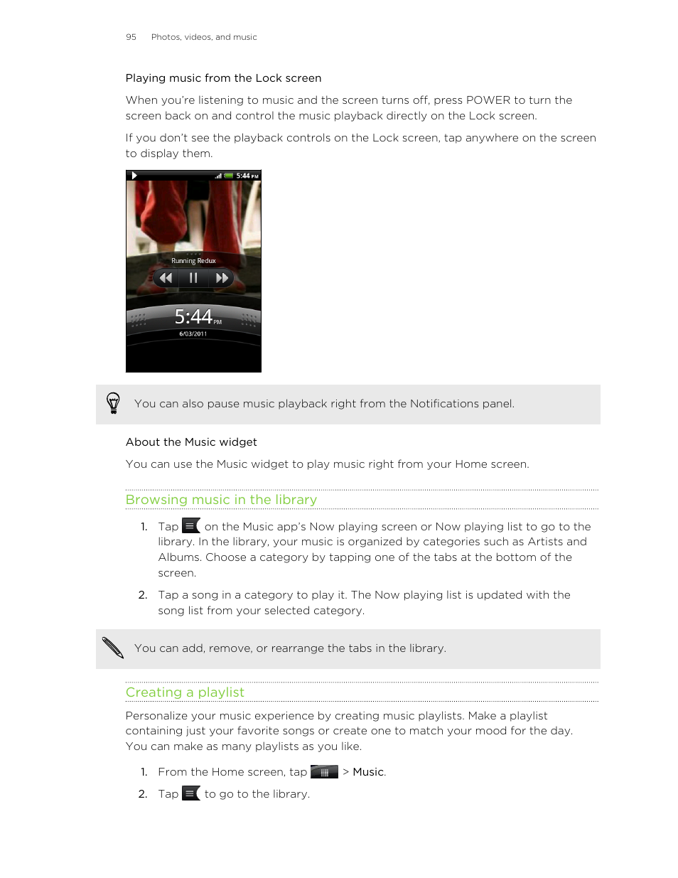 Playing music from the lock screen, About the music widget, Browsing music in the library | Creating a playlist | HTC Wildfire S EN User Manual | Page 95 / 187