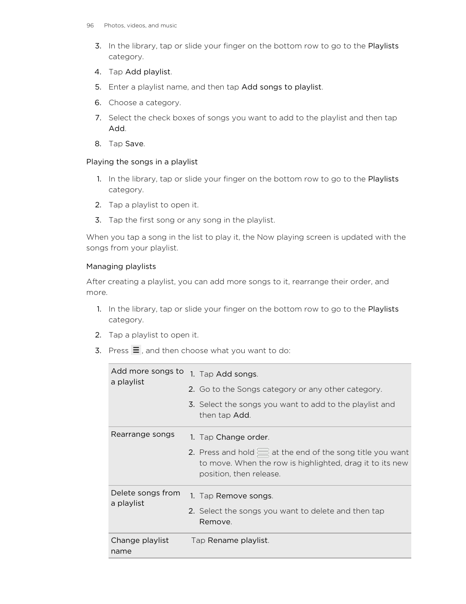 Playing the songs in a playlist, Managing playlists | HTC Wildfire S EN User Manual | Page 96 / 187