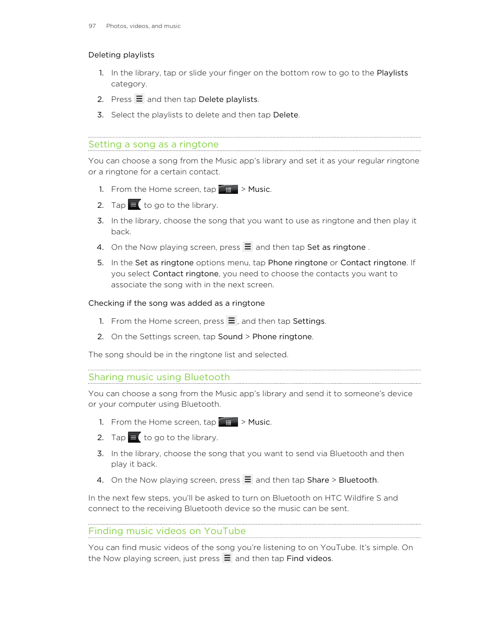 Deleting playlists, Setting a song as a ringtone, Checking if the song was added as a ringtone | Sharing music using bluetooth, Finding music videos on youtube | HTC Wildfire S EN User Manual | Page 97 / 187