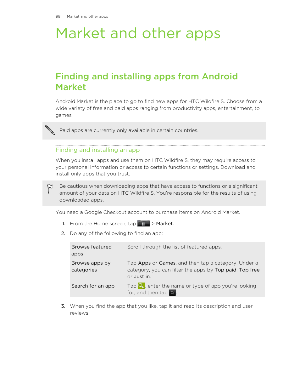 Market and other apps, Finding and installing apps from android market, Finding and installing an app | HTC Wildfire S EN User Manual | Page 98 / 187