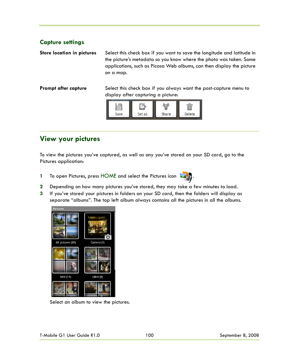 Capture settings, View your pictures | HTC G1 User Manual | Page 100 / 141