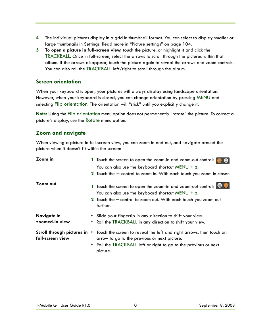 Screen orientation zoom and navigate, Screen orientation, Zoom and navigate | HTC G1 User Manual | Page 101 / 141