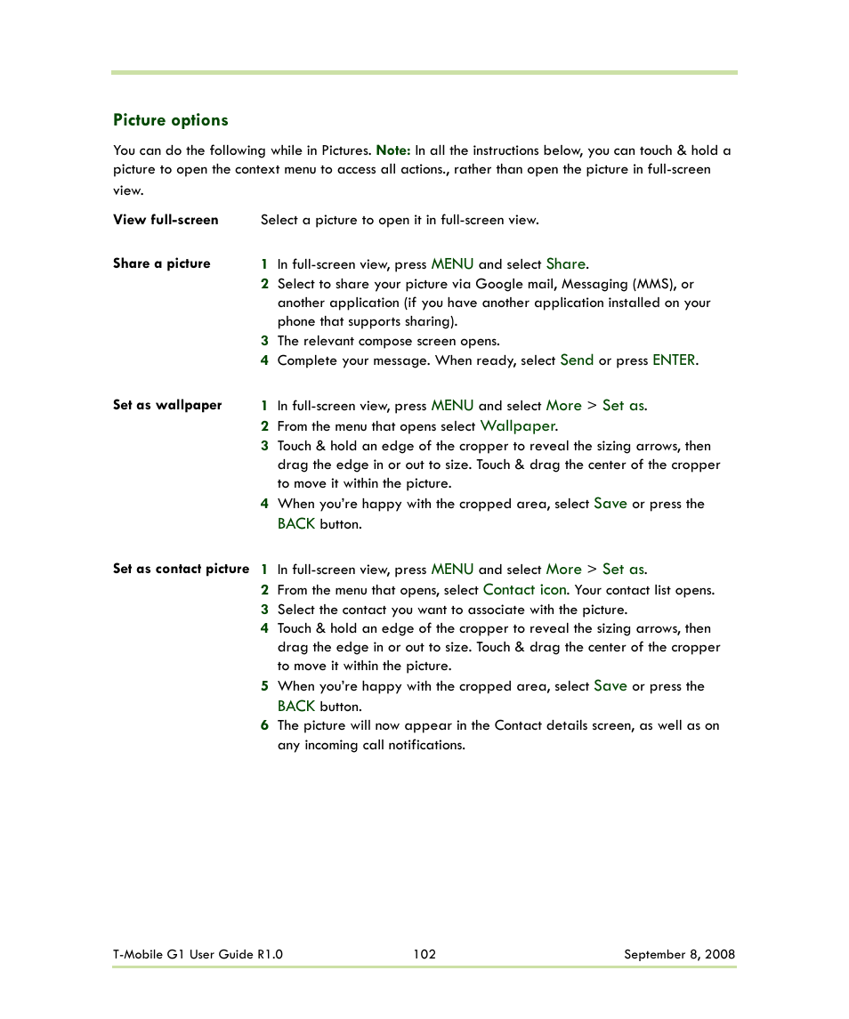 Picture options | HTC G1 User Manual | Page 102 / 141