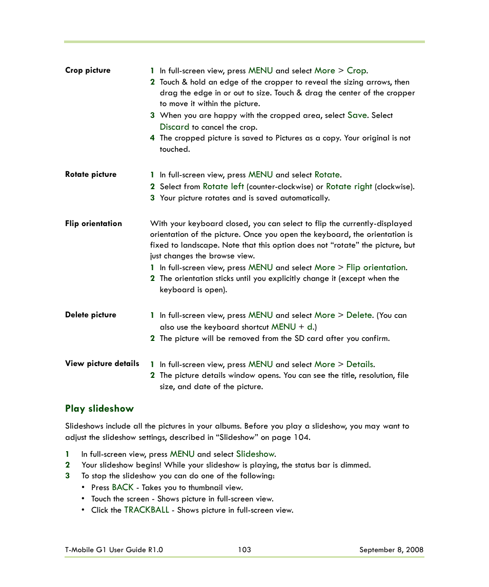 Play slideshow | HTC G1 User Manual | Page 103 / 141