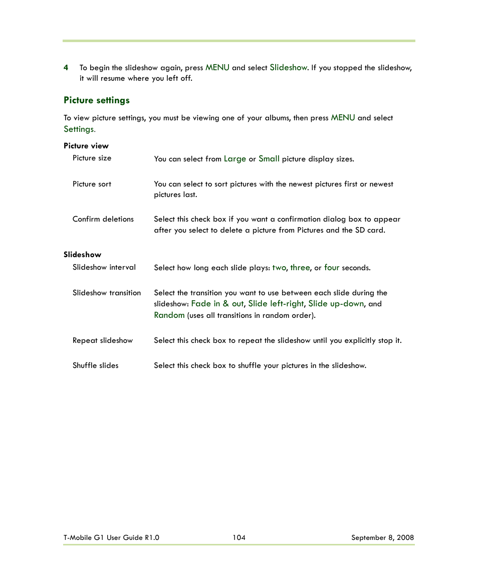 Picture settings | HTC G1 User Manual | Page 104 / 141