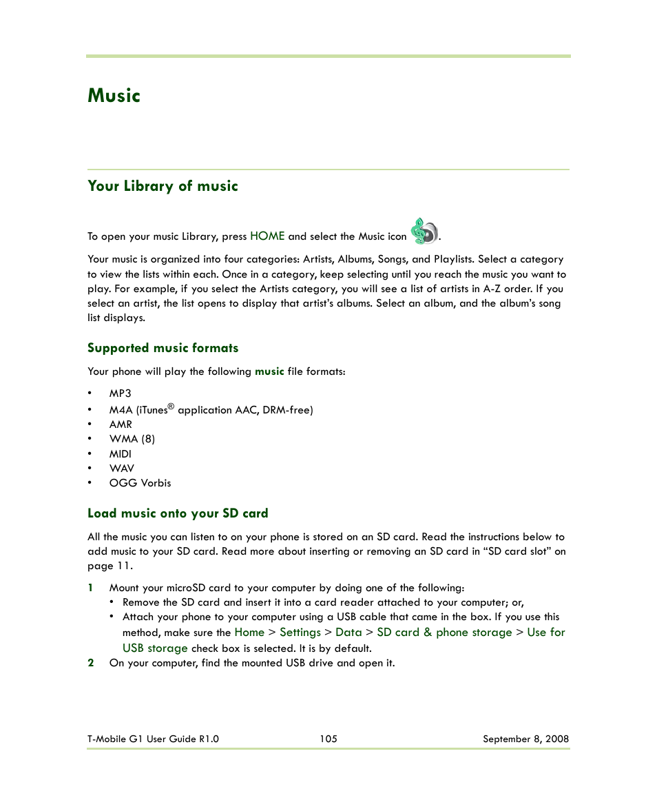 Music, Your library of music | HTC G1 User Manual | Page 105 / 141