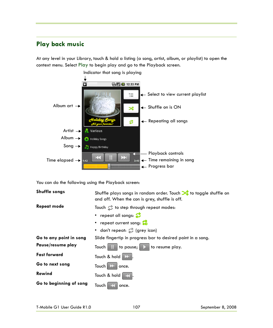 Play back music | HTC G1 User Manual | Page 107 / 141