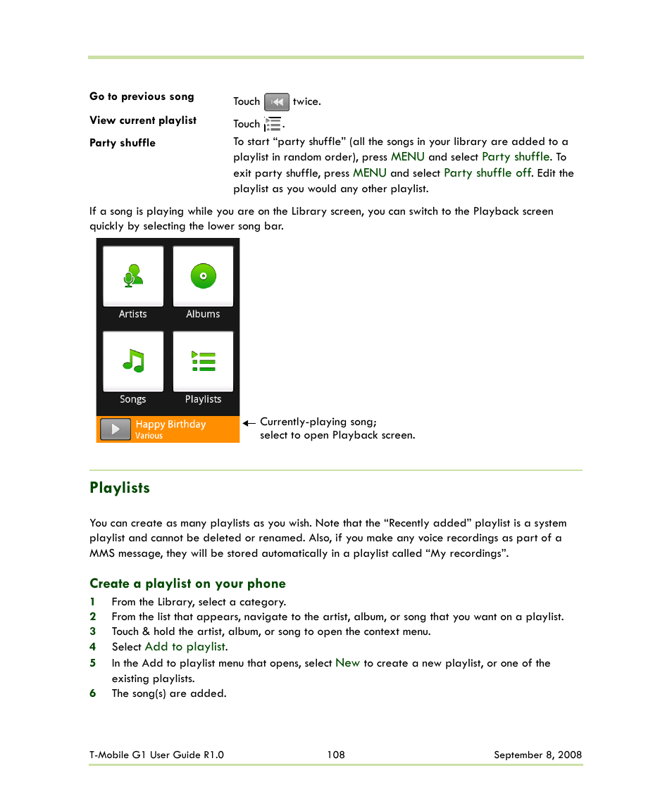 Playlists, Create a playlist on your phone | HTC G1 User Manual | Page 108 / 141