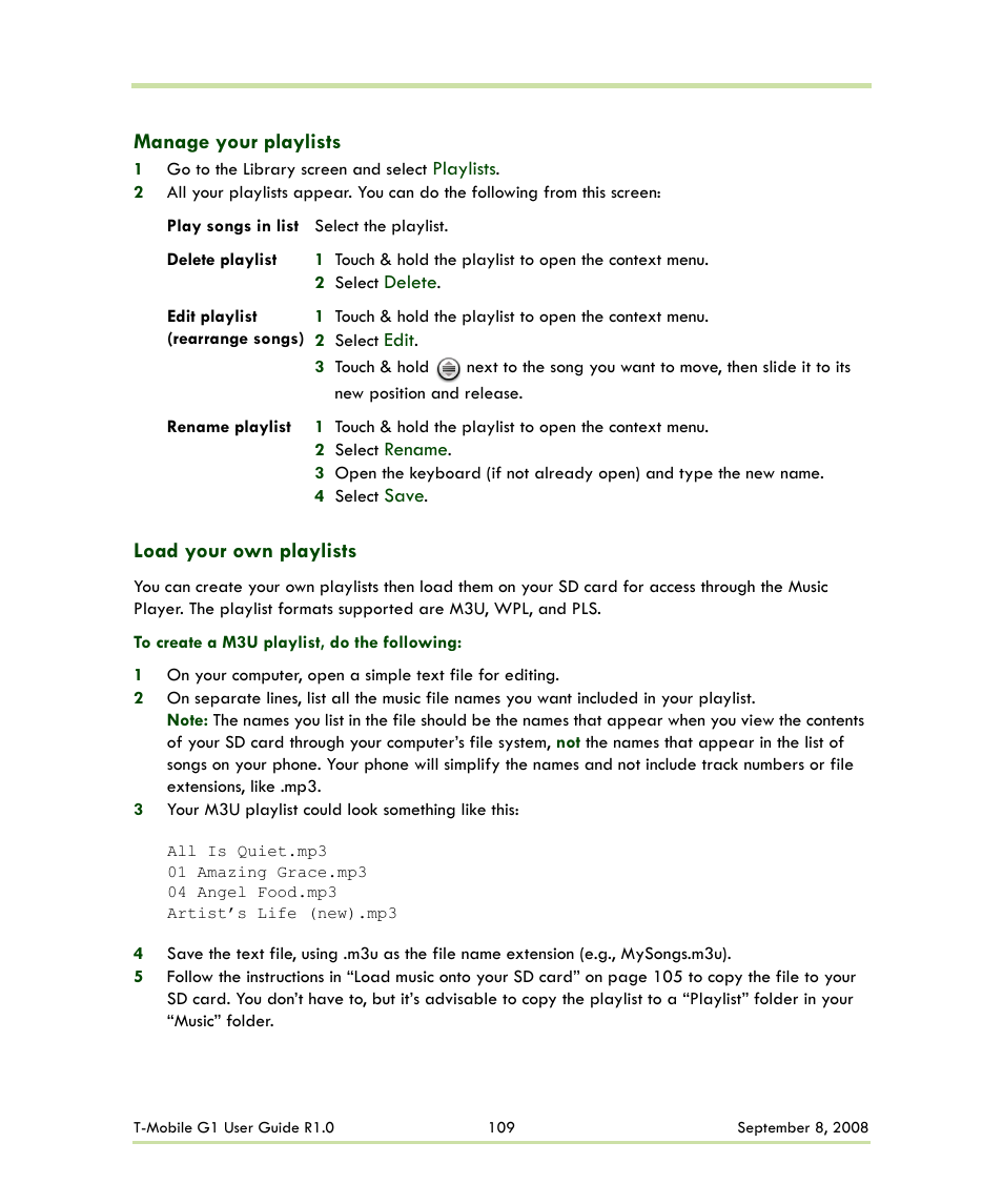 Manage your playlists load your own playlists, Manage your playlists, Load your own playlists | HTC G1 User Manual | Page 109 / 141