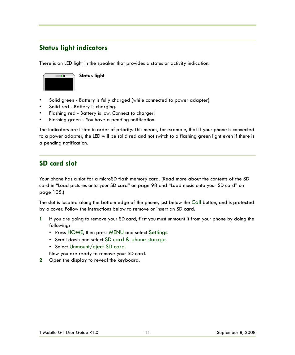 Status light indicators sd card slot, Status light indicators, Sd card slot | HTC G1 User Manual | Page 11 / 141
