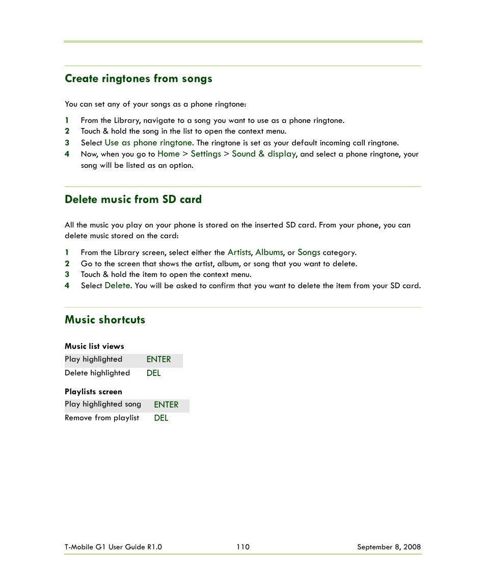 Create ringtones from songs, Delete music from sd card, Music shortcuts | HTC G1 User Manual | Page 110 / 141