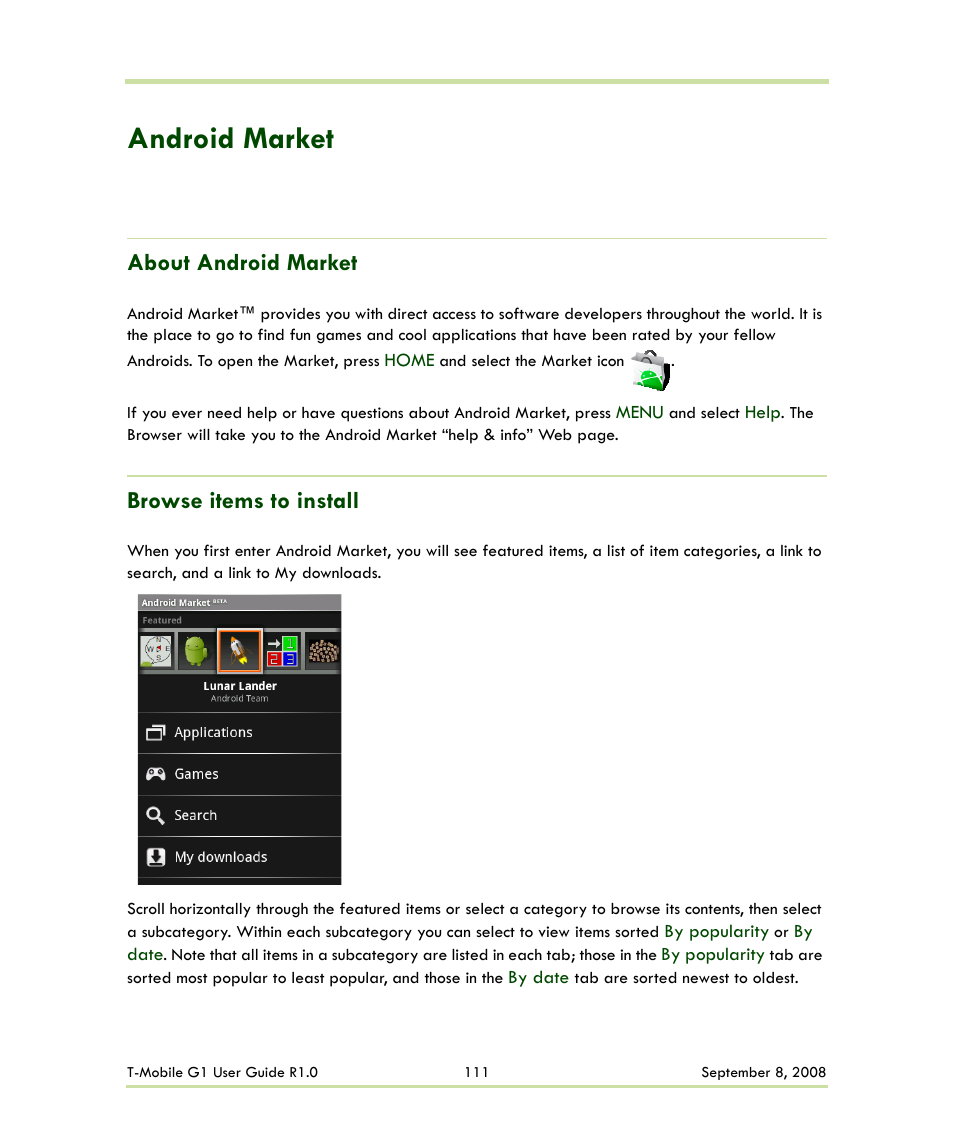 Android market, About android market browse items to install, About android market | Browse items to install | HTC G1 User Manual | Page 111 / 141