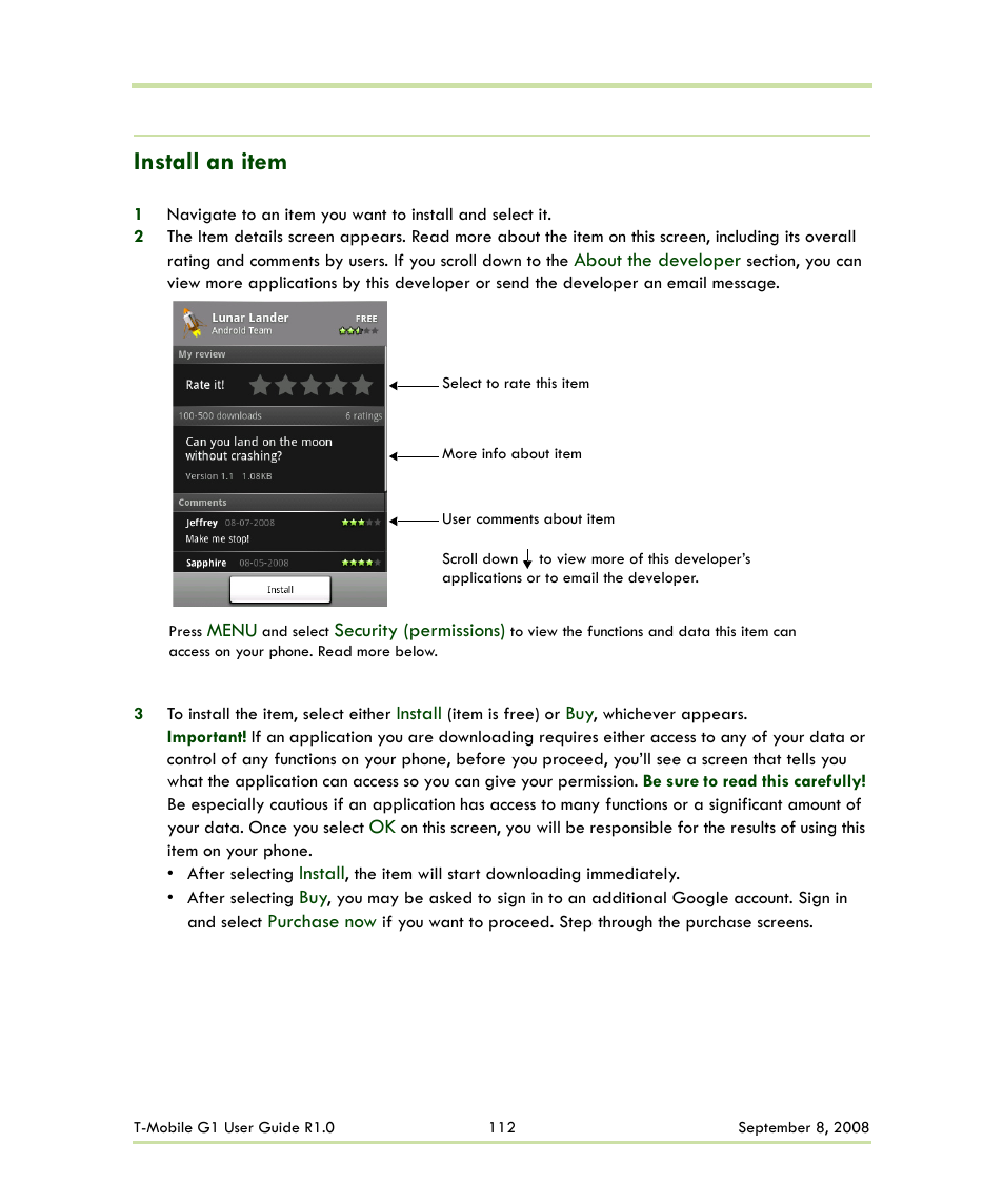 Install an item | HTC G1 User Manual | Page 112 / 141