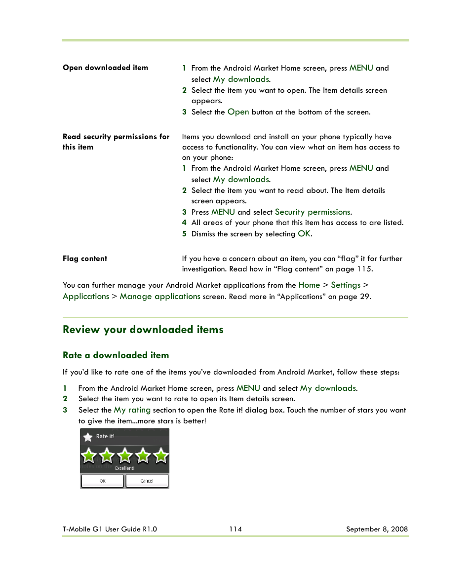 Review your downloaded items, Rate a downloaded item | HTC G1 User Manual | Page 114 / 141