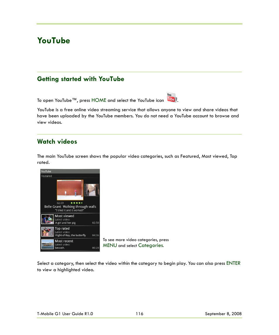 Youtube, Getting started with youtube watch videos, Getting started with youtube | Watch videos | HTC G1 User Manual | Page 116 / 141