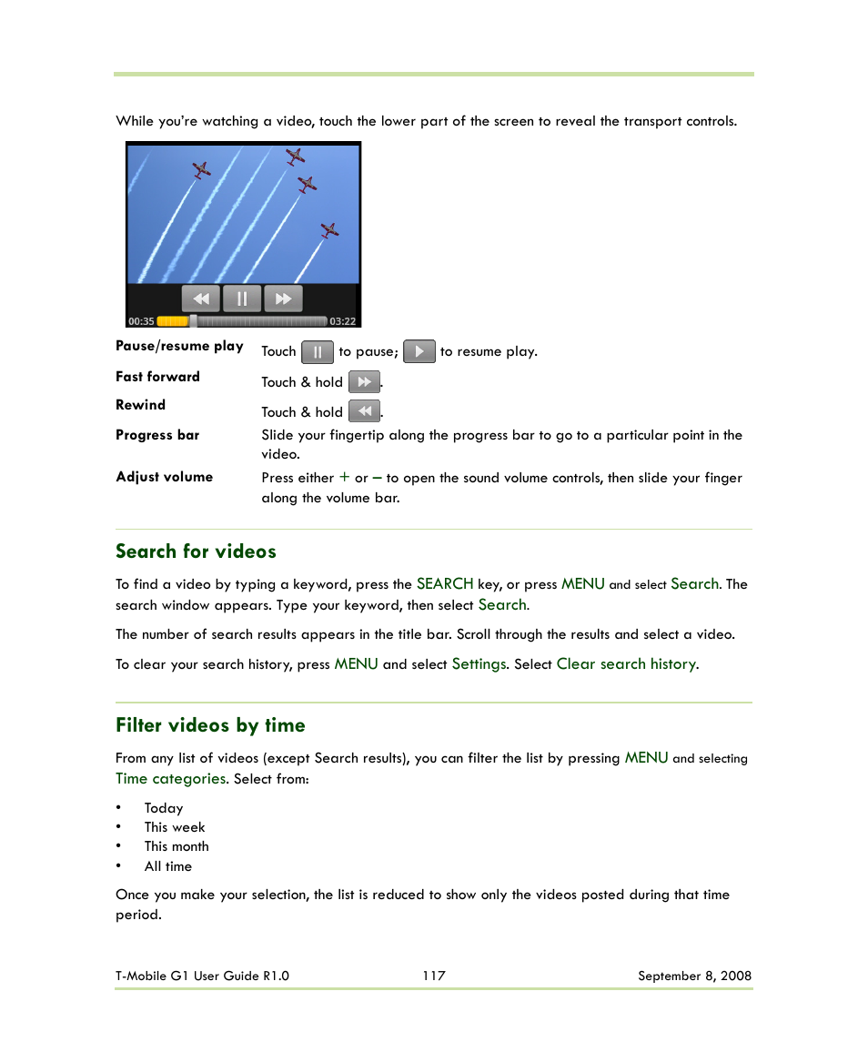 Search for videos filter videos by time, Search for videos, Filter videos by time | HTC G1 User Manual | Page 117 / 141