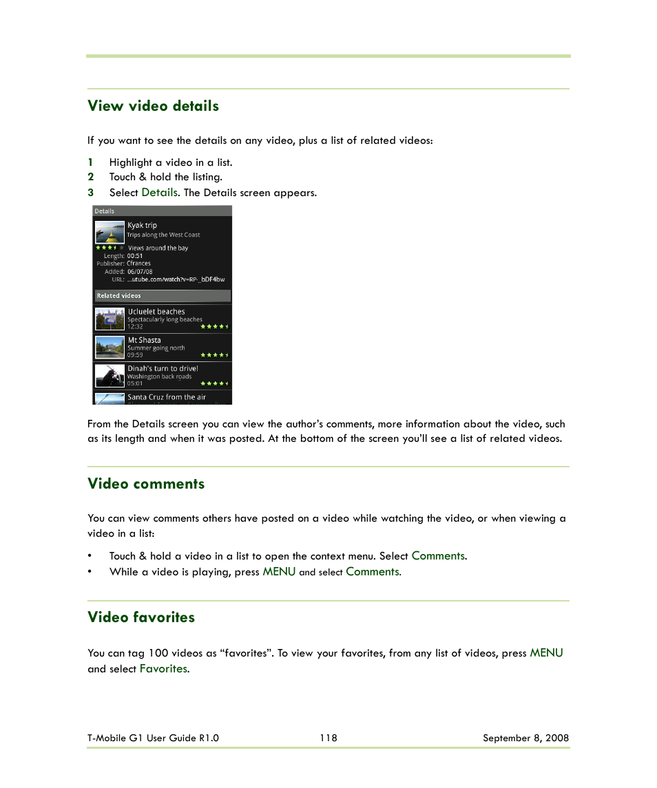 View video details video comments video favorites, View video details, Video comments | Video favorites | HTC G1 User Manual | Page 118 / 141