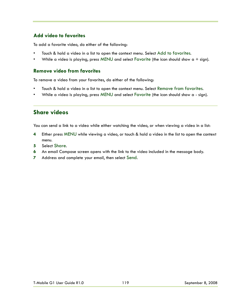 Add video to favorites remove video from favorites, Share videos | HTC G1 User Manual | Page 119 / 141