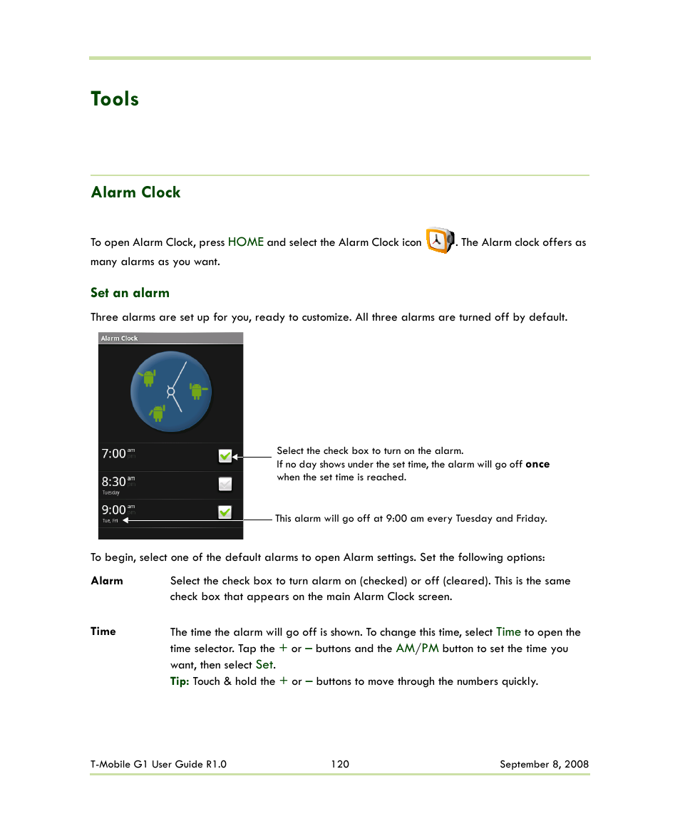 Tools, Alarm clock, Set an alarm | HTC G1 User Manual | Page 120 / 141