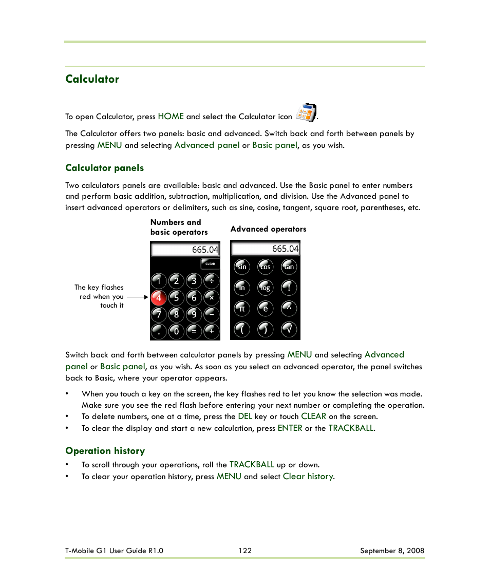 Calculator, Calculator panels operation history | HTC G1 User Manual | Page 122 / 141