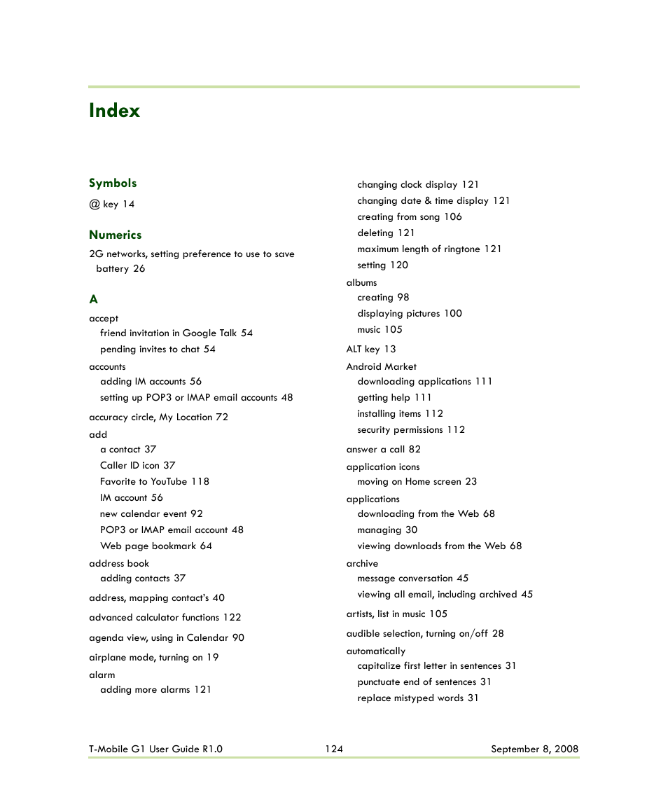 Index | HTC G1 User Manual | Page 124 / 141