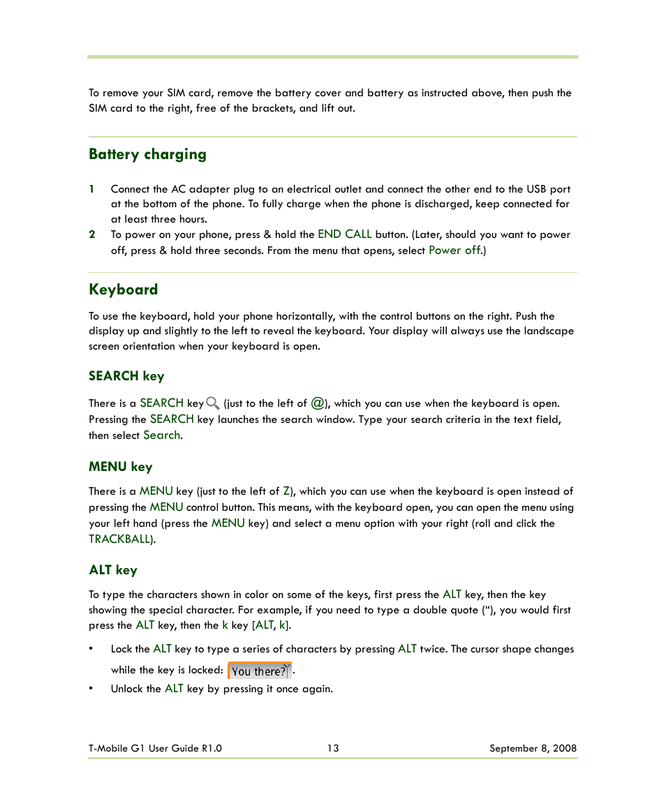Battery charging keyboard, Search key menu key alt key, Battery charging | Keyboard | HTC G1 User Manual | Page 13 / 141