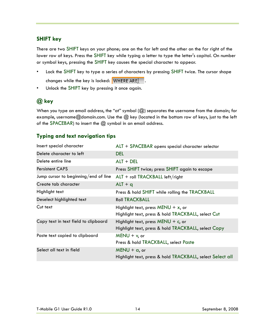 Shift key @ key typing and text navigation tips | HTC G1 User Manual | Page 14 / 141