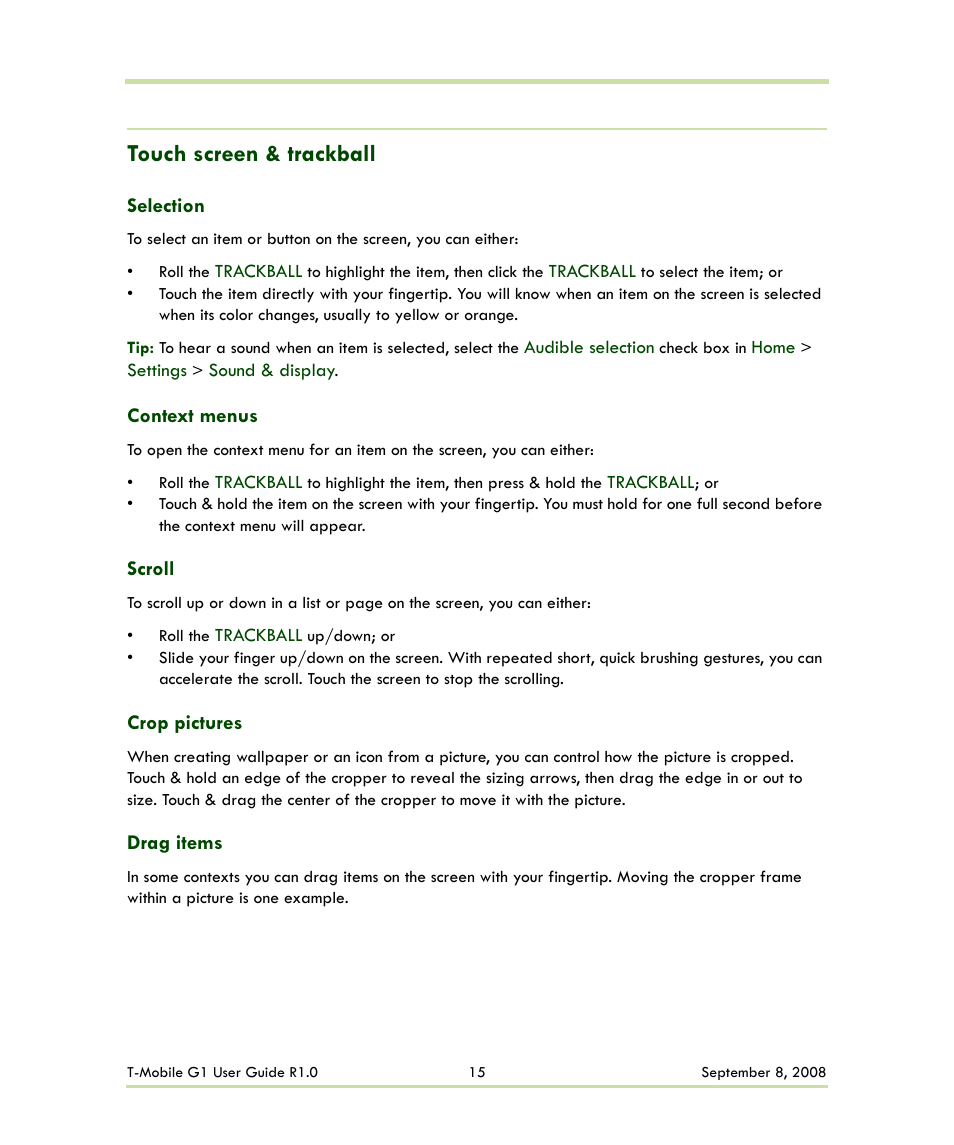 Touch screen & trackball | HTC G1 User Manual | Page 15 / 141