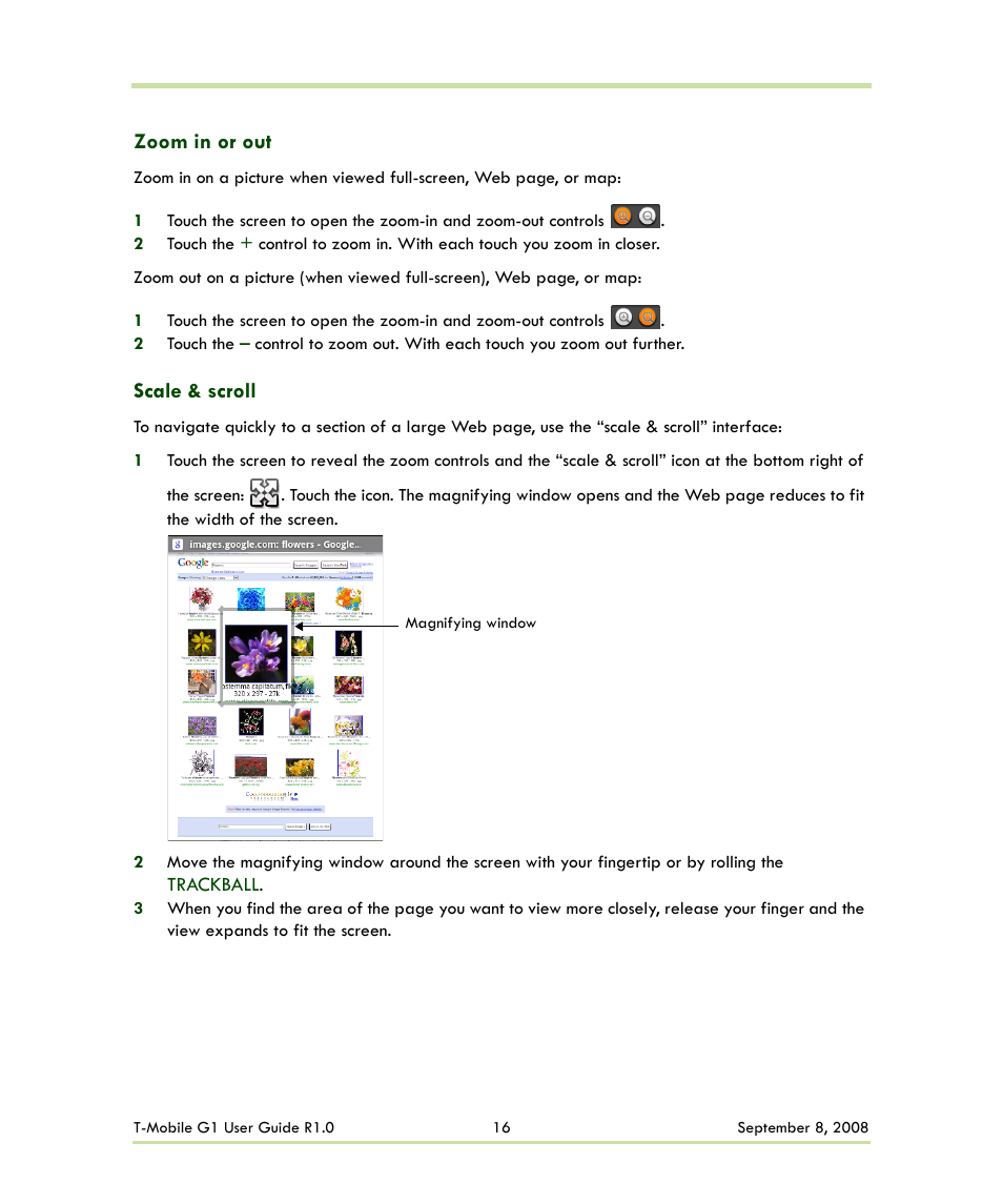 Zoom in or out scale & scroll, Zoom in or out, Scale & scroll | HTC G1 User Manual | Page 16 / 141