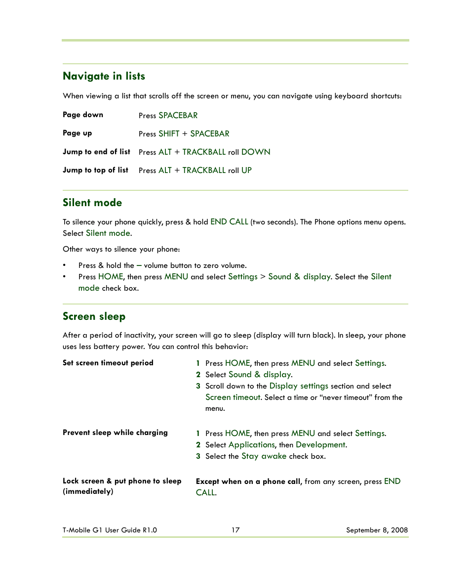 Navigate in lists silent mode screen sleep, Navigate in lists, Silent mode | Screen sleep | HTC G1 User Manual | Page 17 / 141
