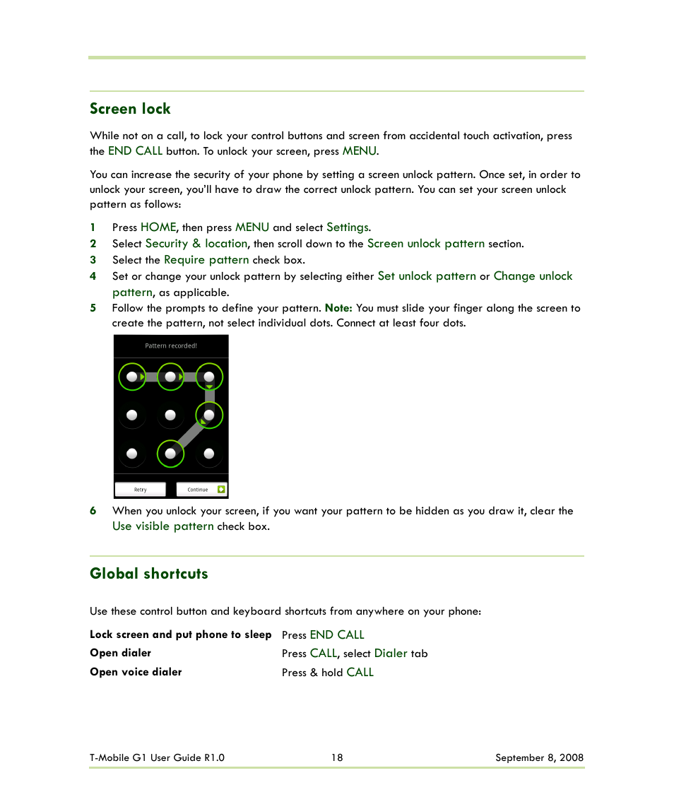 Screen lock global shortcuts, Screen lock, Global shortcuts | HTC G1 User Manual | Page 18 / 141