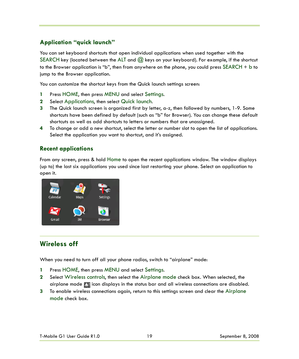 Application “quick launch” recent applications, Wireless off | HTC G1 User Manual | Page 19 / 141