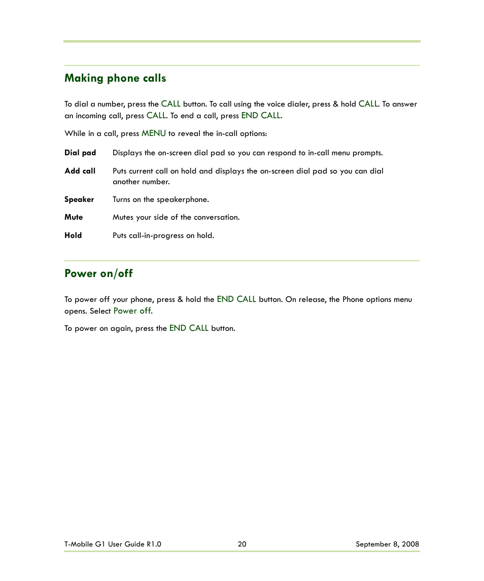 Making phone calls power on/off, Making phone calls, Power on/off | HTC G1 User Manual | Page 20 / 141