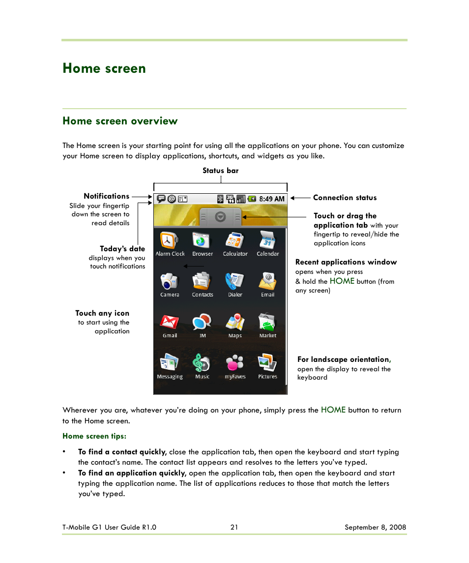 Home screen, Home screen overview | HTC G1 User Manual | Page 21 / 141