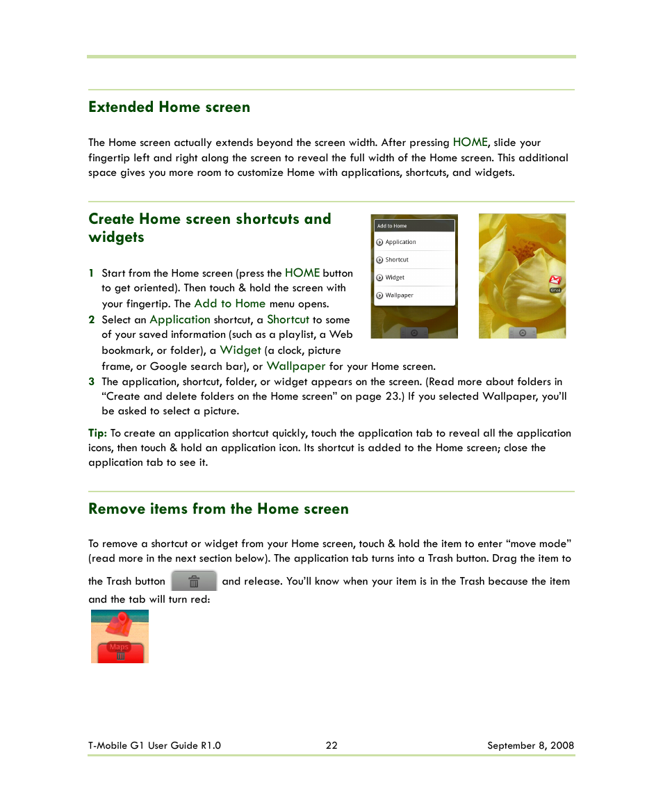 Extended home screen, Create home screen shortcuts and widgets, Remove items from the home screen | HTC G1 User Manual | Page 22 / 141