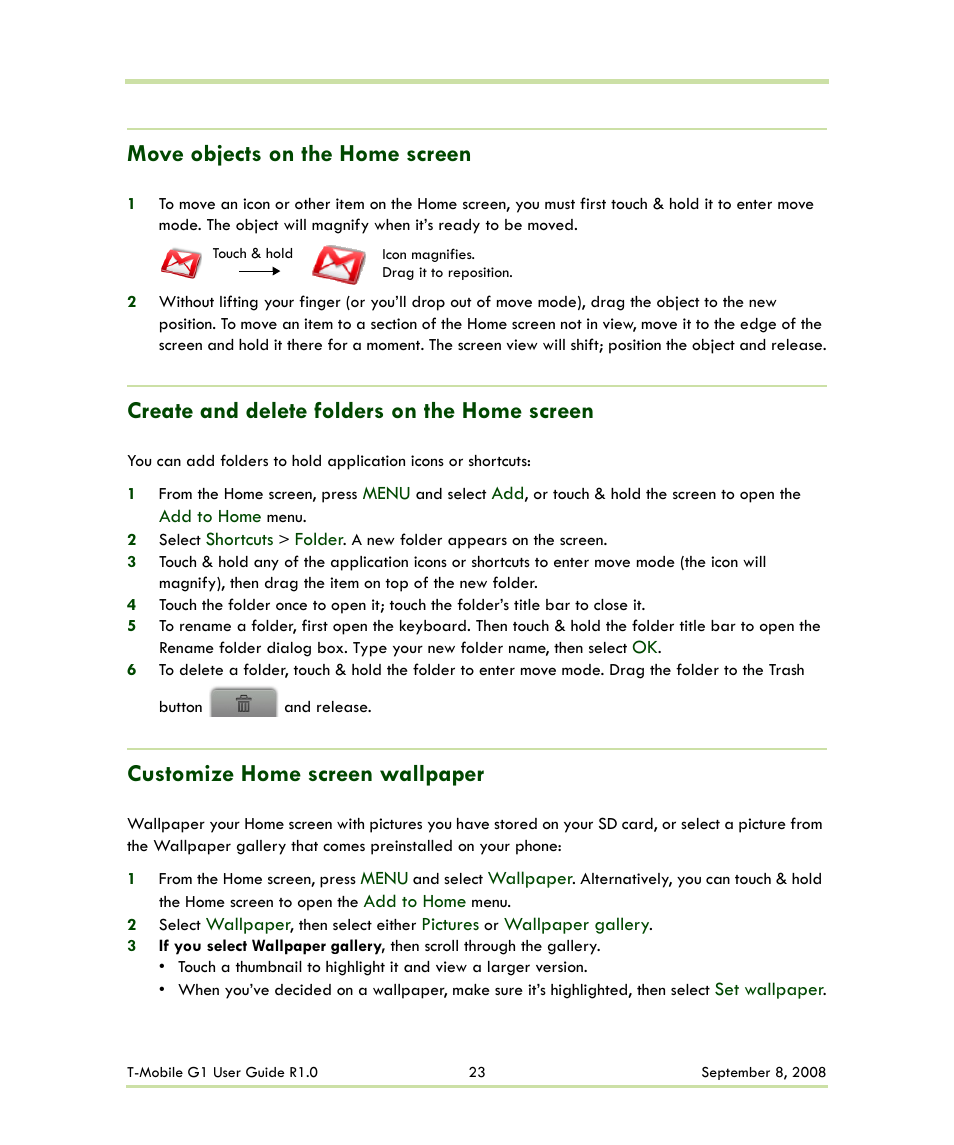Move objects on the home screen, Create and delete folders on the home screen, Customize home screen wallpaper | HTC G1 User Manual | Page 23 / 141