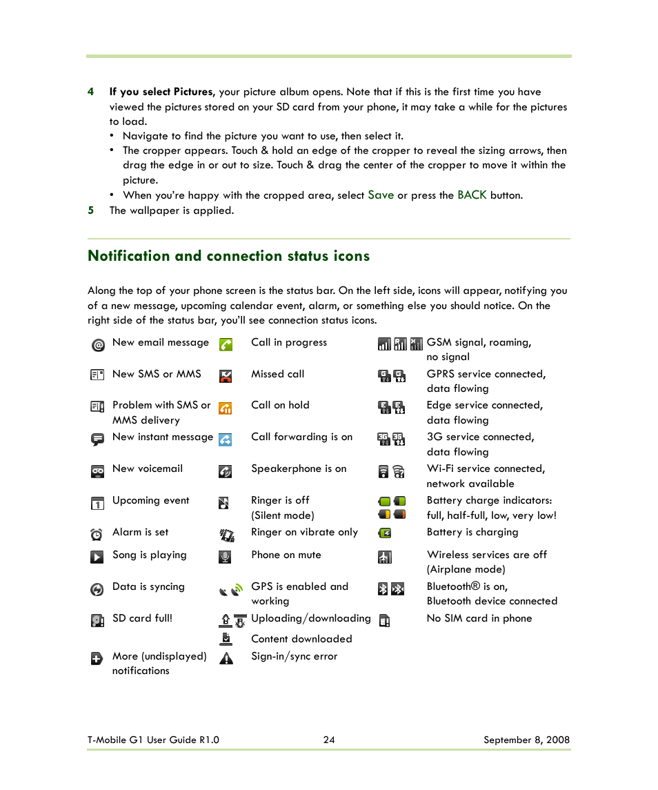 Notification and connection status icons | HTC G1 User Manual | Page 24 / 141