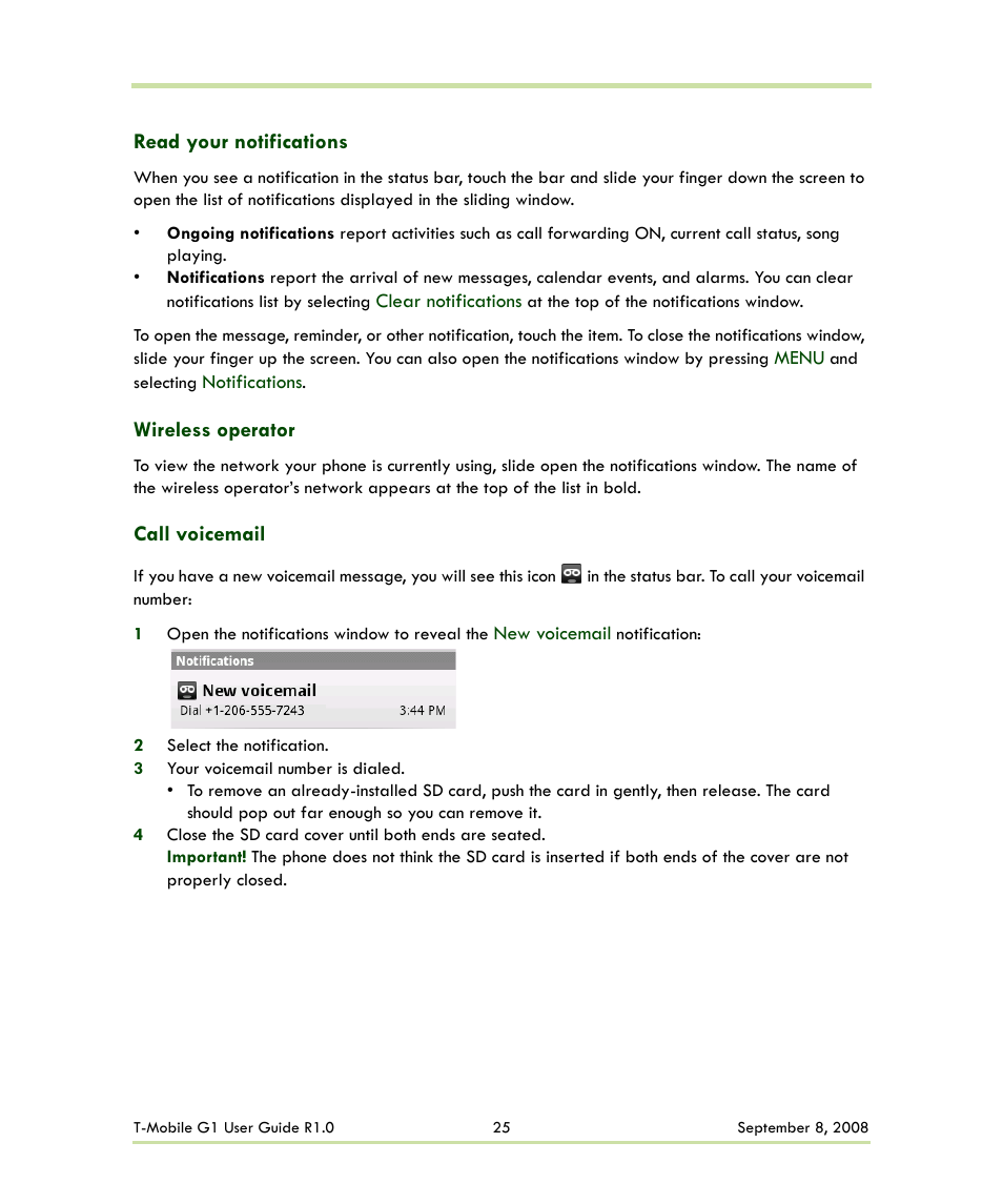 Read your notifications, Wireless operator, Call voicemail | HTC G1 User Manual | Page 25 / 141