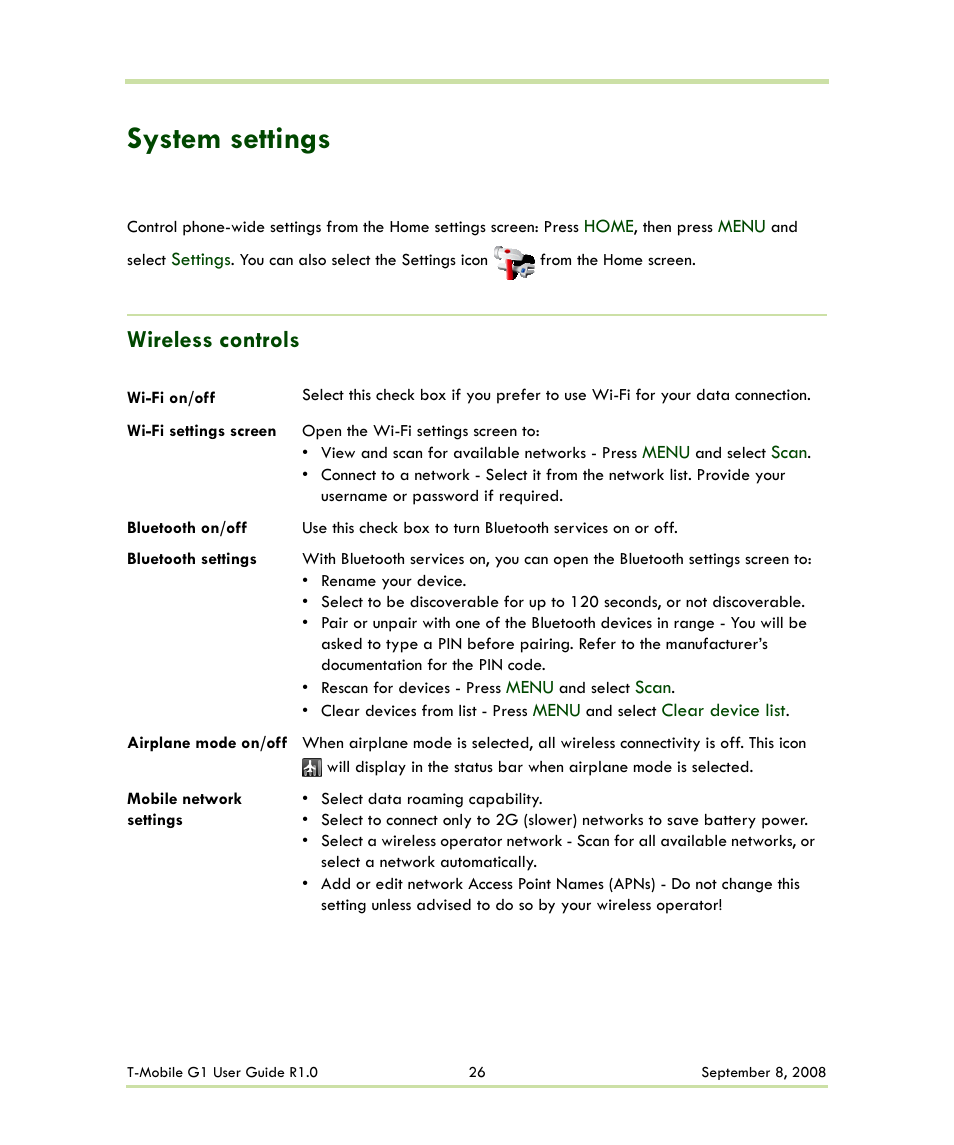 System settings, Wireless controls | HTC G1 User Manual | Page 26 / 141