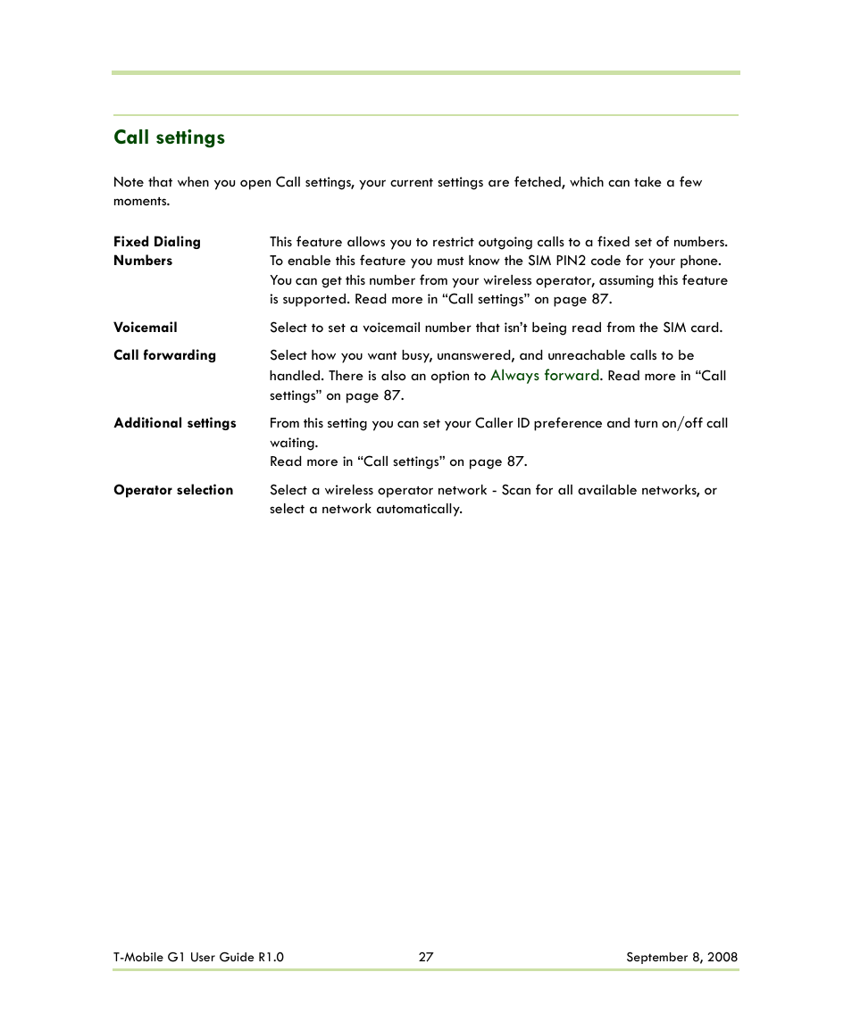 Call settings | HTC G1 User Manual | Page 27 / 141
