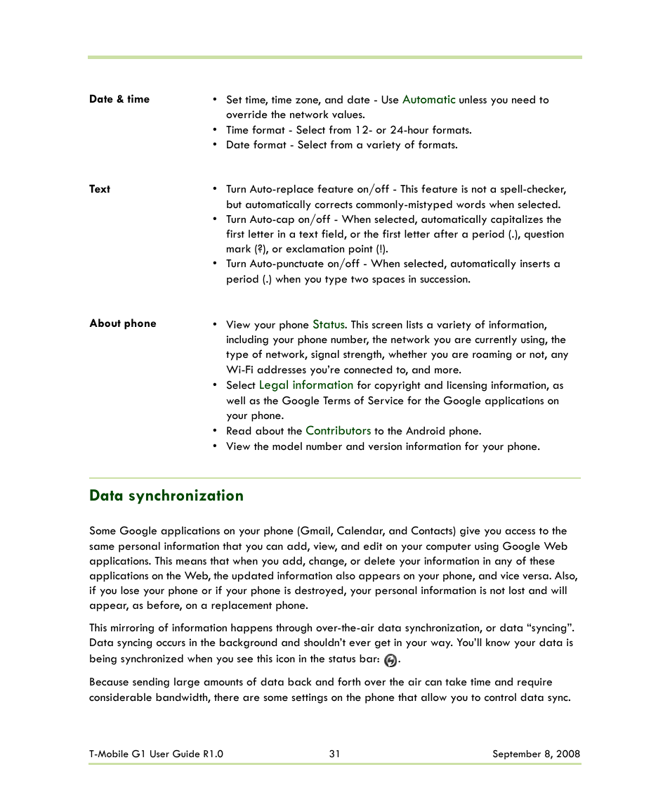 Data synchronization | HTC G1 User Manual | Page 31 / 141