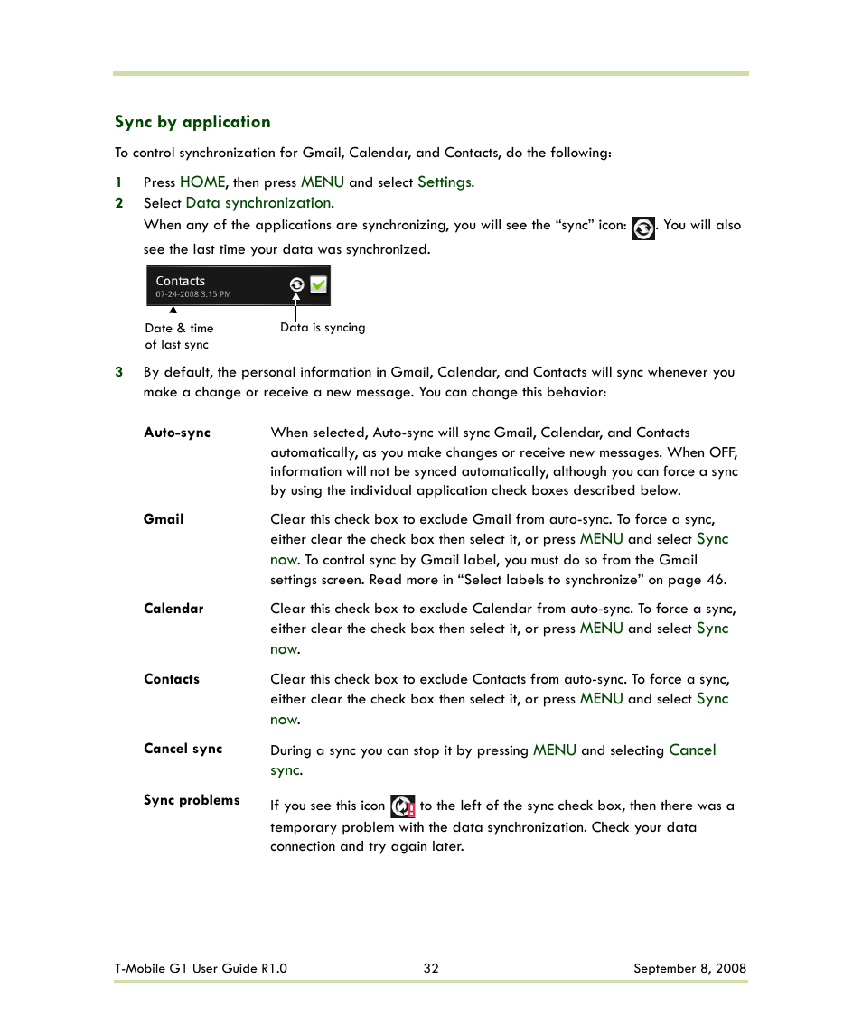 Sync by application | HTC G1 User Manual | Page 32 / 141