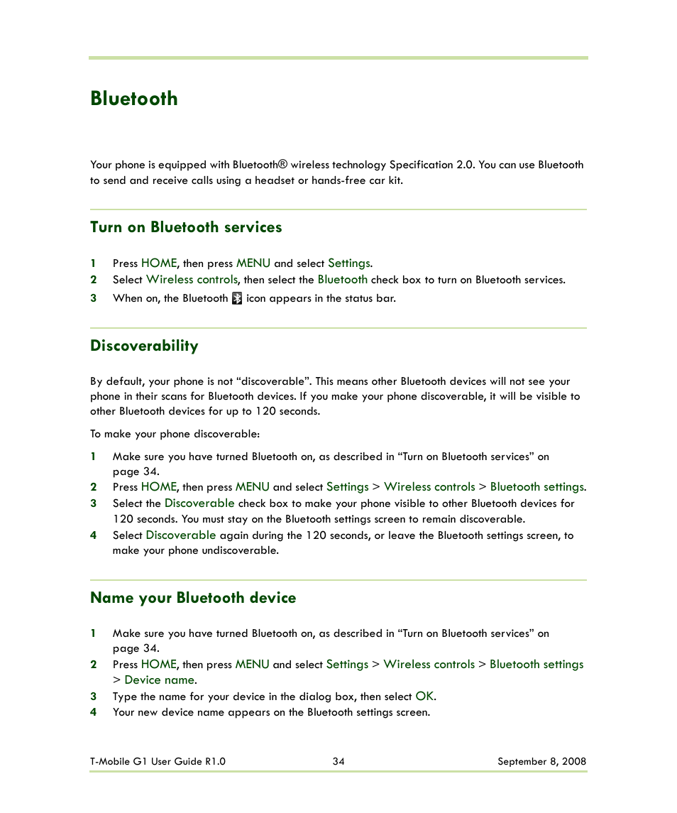 Bluetooth, Turn on bluetooth services, Discoverability | Name your bluetooth device | HTC G1 User Manual | Page 34 / 141