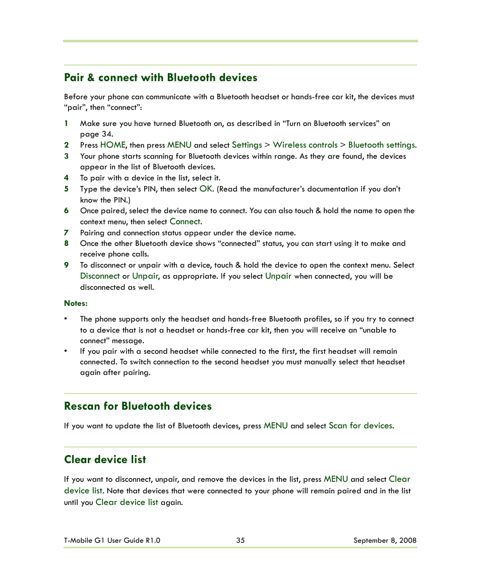 Pair & connect with bluetooth devices, Rescan for bluetooth devices, Clear device list | HTC G1 User Manual | Page 35 / 141