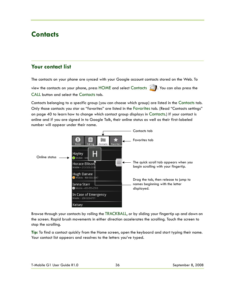 Contacts, Your contact list | HTC G1 User Manual | Page 36 / 141