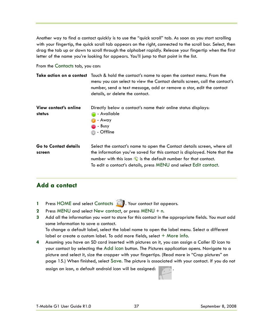 Add a contact | HTC G1 User Manual | Page 37 / 141