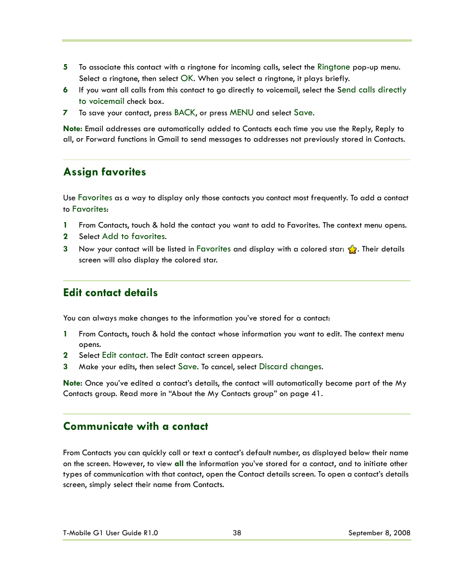 Assign favorites, Edit contact details, Communicate with a contact | HTC G1 User Manual | Page 38 / 141