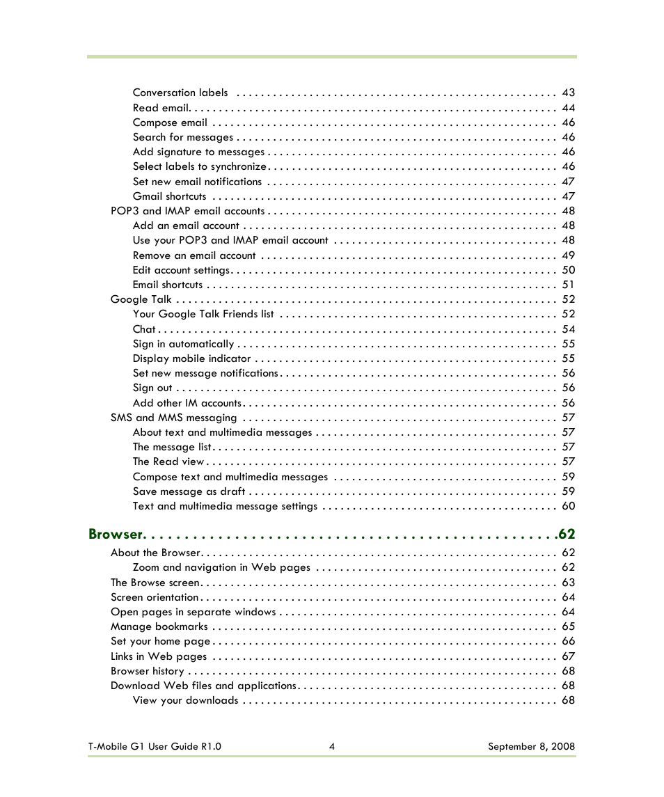 Browser | HTC G1 User Manual | Page 4 / 141