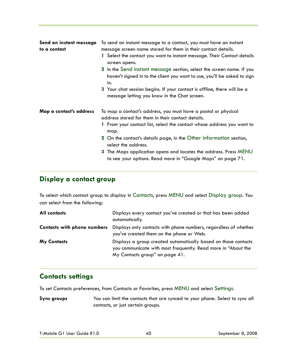 Display a contact group contacts settings, Display a contact group, Contacts settings | HTC G1 User Manual | Page 40 / 141