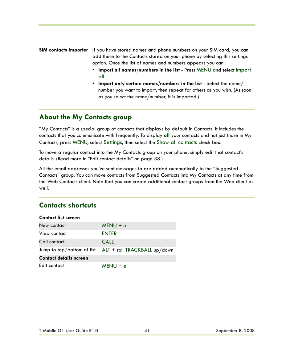 About the my contacts group contacts shortcuts, About the my contacts group, Contacts shortcuts | HTC G1 User Manual | Page 41 / 141